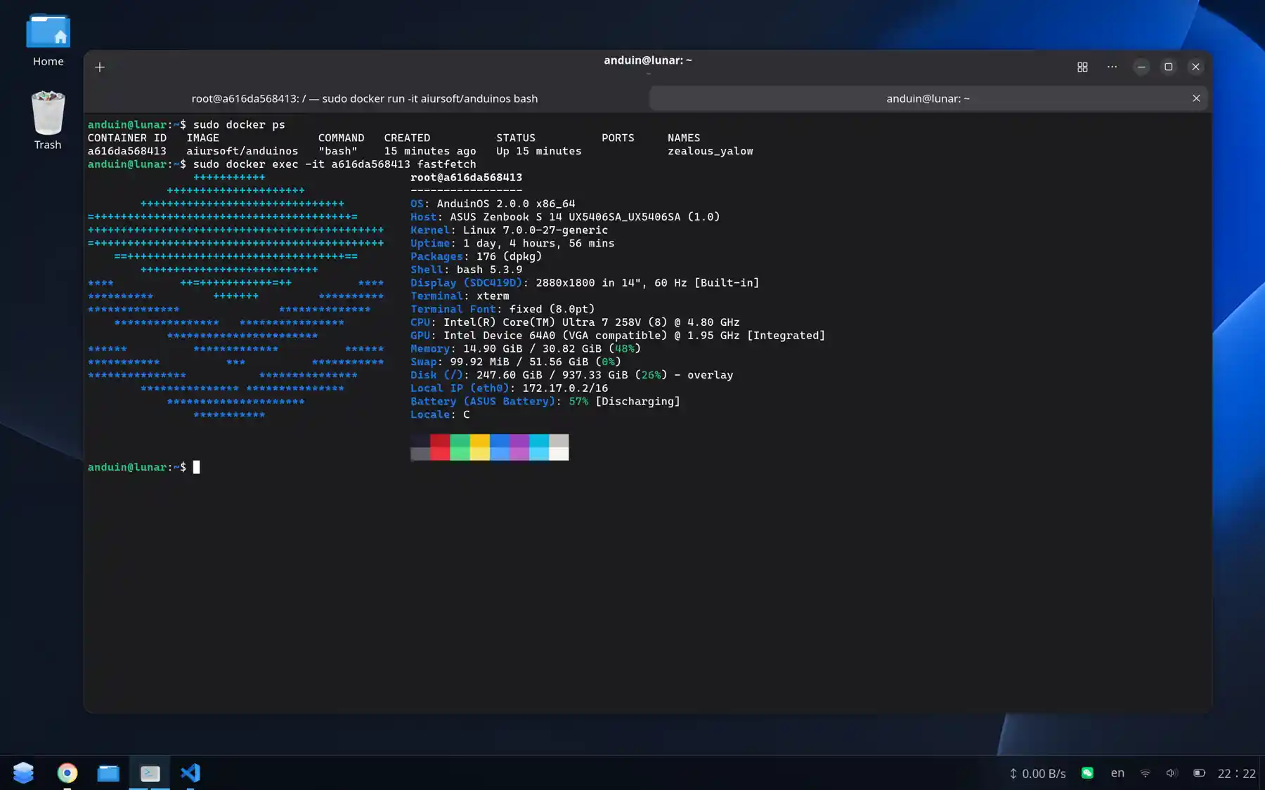 AnduinOS Container running fastfetch inside Docker